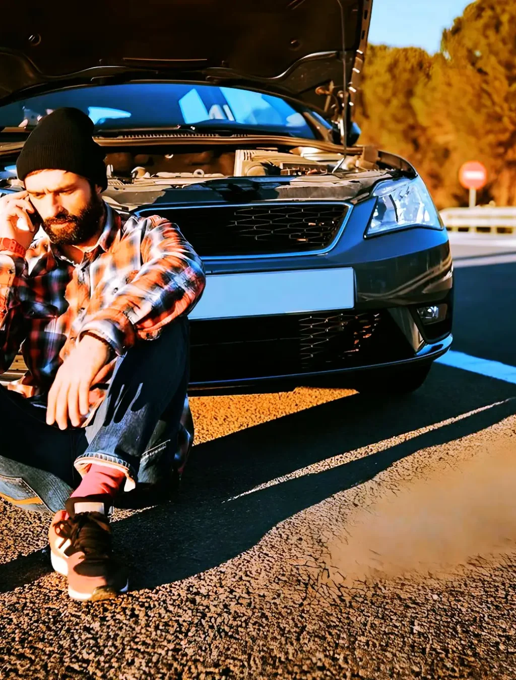 hombre hablando por telefono sobre las preguntas frecuentes de nuestras gruas junto a su auto